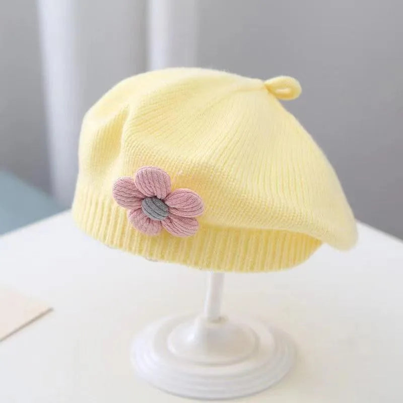 Flor bebê boina chapéu inverno quente malha gorro para meninas infantis coreano criança princesa artista cor sólida pintor bonés