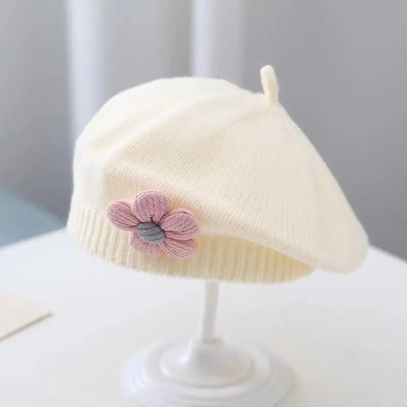 Flor bebê boina chapéu inverno quente malha gorro para meninas infantis coreano criança princesa artista cor sólida pintor bonés
