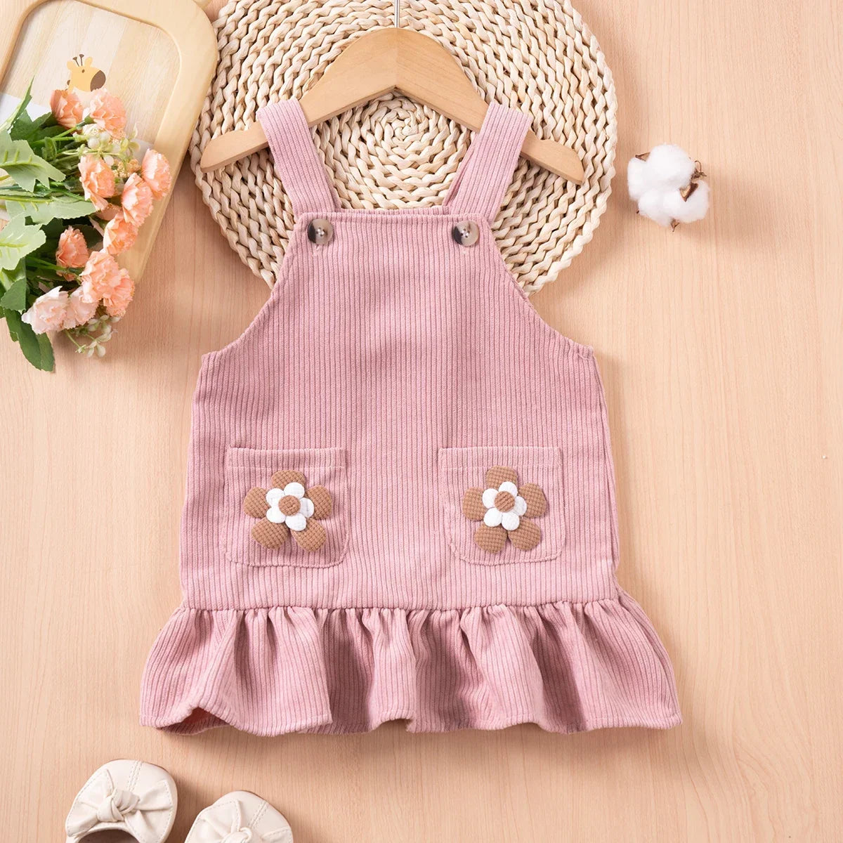 Vestido Infantil de Veludo com Flores - Primavera e Outono