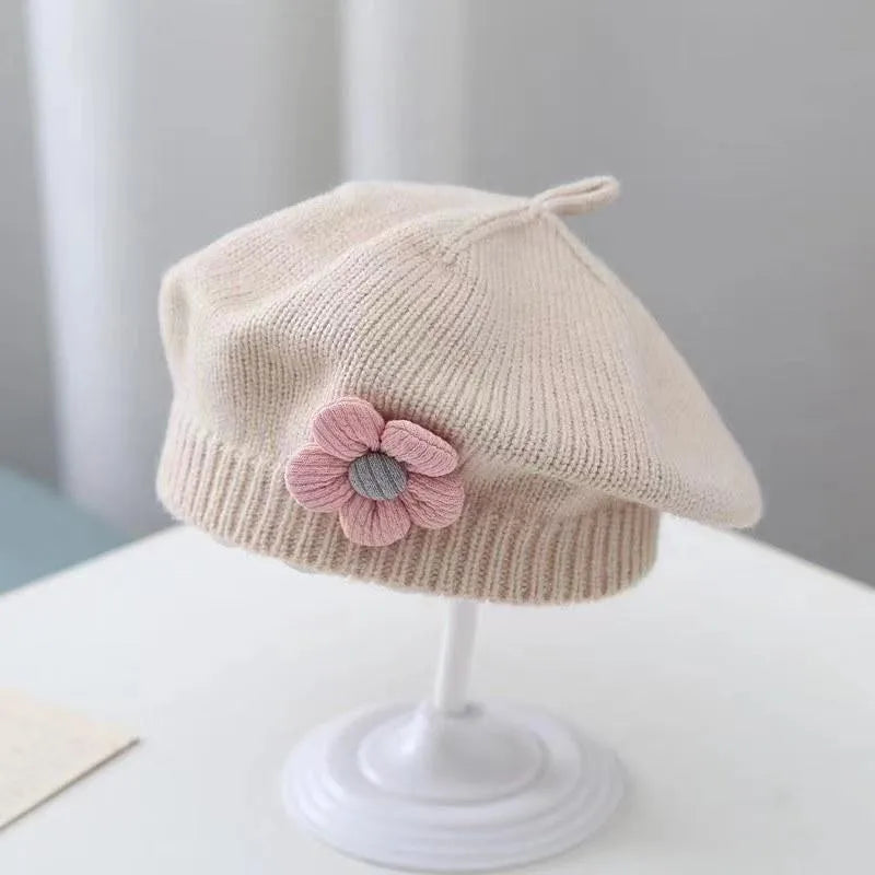 Flor bebê boina chapéu inverno quente malha gorro para meninas infantis coreano criança princesa artista cor sólida pintor bonés