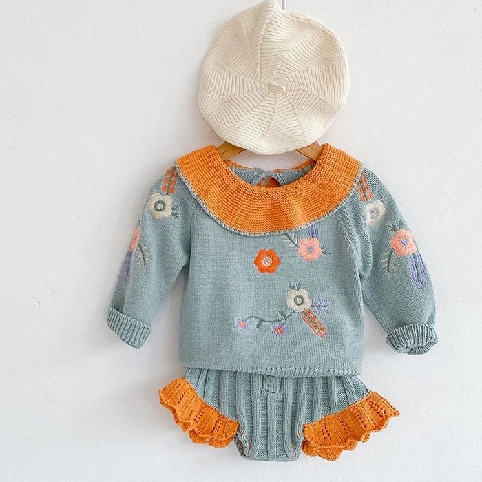 2024 roupas da criança do bebê meninas terno de manga comprida malha bordado pulôver camisola + pp shorts outono primavera conjunto roupas do bebê