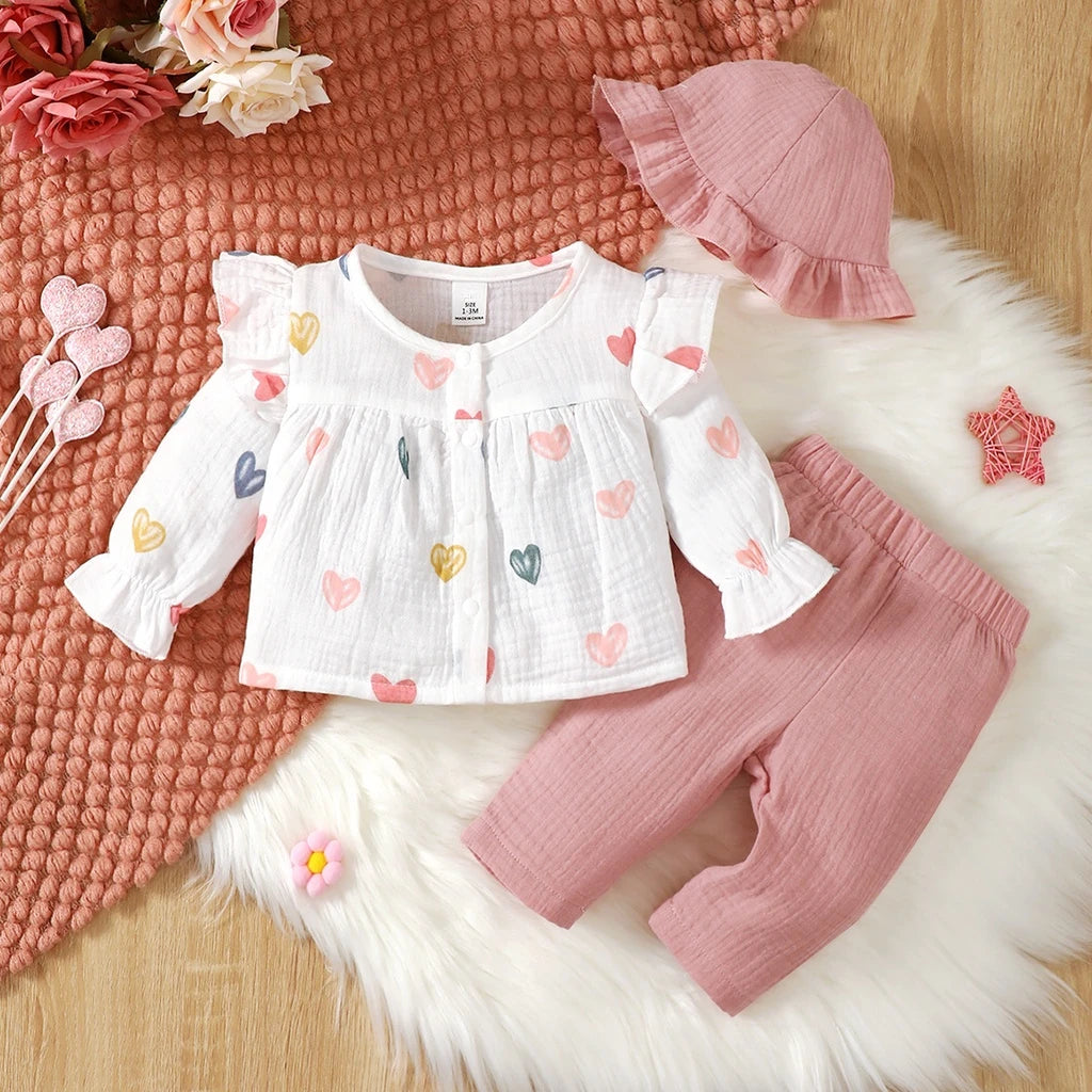 Conjunto de roupas para bebês meninas de 0 a 9 meses, estampa amor, manga comprida, gola redonda, top + calça rosa + chapéu, 3 peças, primavera e outono, conjunto de roupas adoráveis
