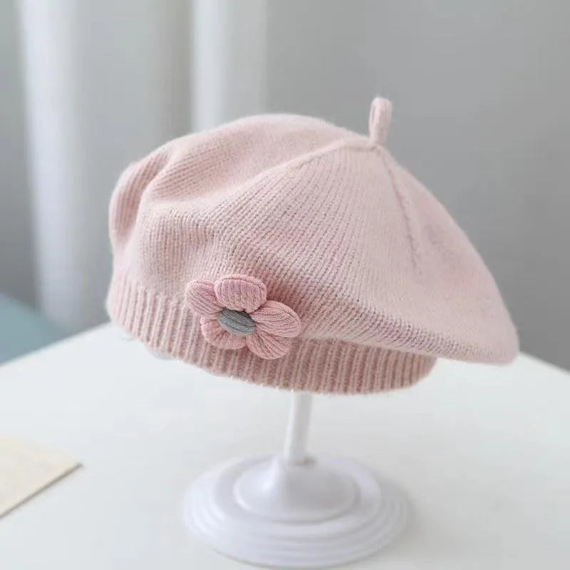 Flor bebê boina chapéu inverno quente malha gorro para meninas infantis coreano criança princesa artista cor sólida pintor bonés