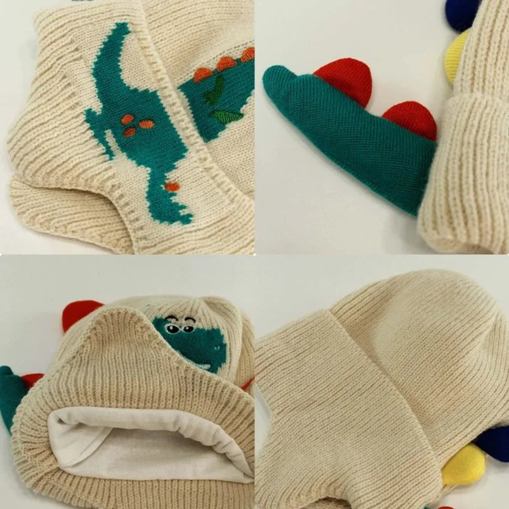 Novo 3d dinossauro malha boné à prova de vento quente crianças earmuffs boné de inverno
