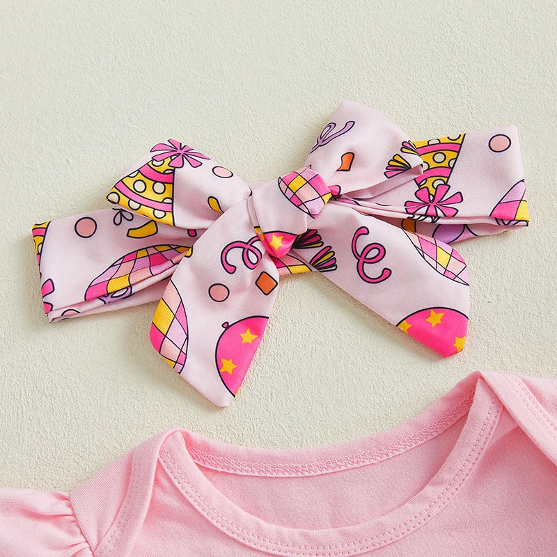 Roupas infantis de aniversário para bebês meninas com estampa de letras babados manga curta macacão e saia em camadas shorts conjunto de faixa de cabeça fofa