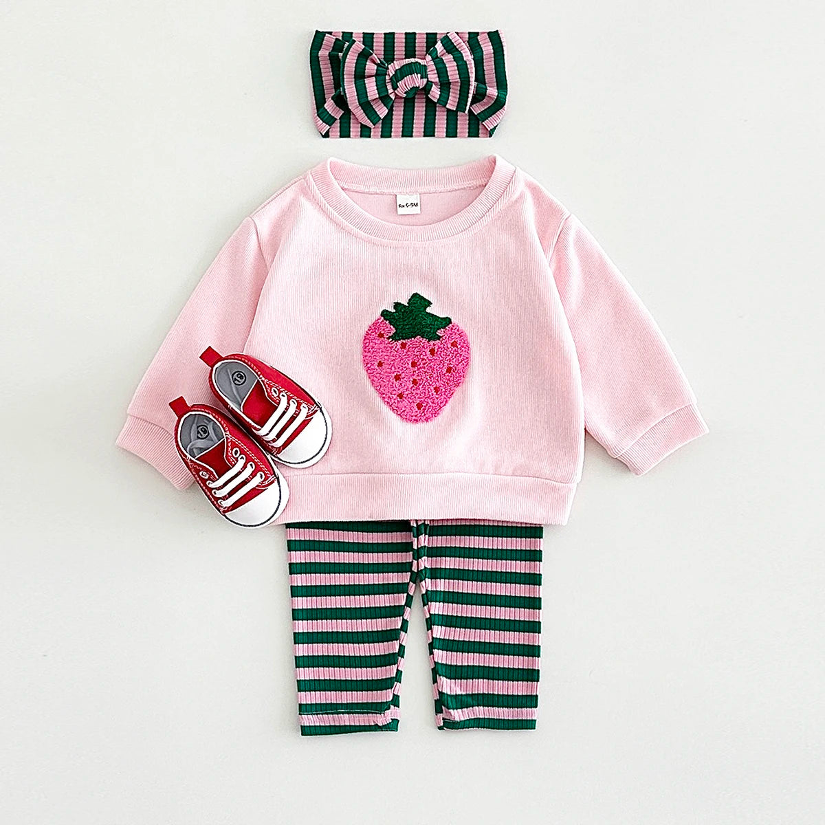3 pçs roupas infantis menino outono conjunto de roupa do bebê gir terno frutas bordado topos + calças algodão puro listrado macio + faixa de cabelo do bebê