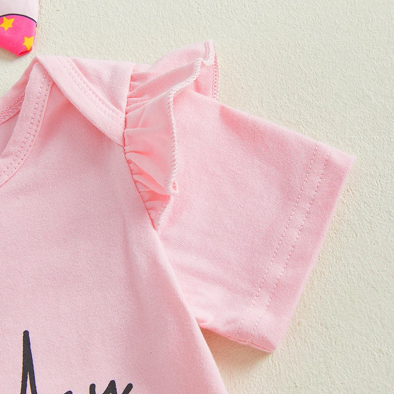Roupas infantis de aniversário para bebês meninas com estampa de letras babados manga curta macacão e saia em camadas shorts conjunto de faixa de cabeça fofa