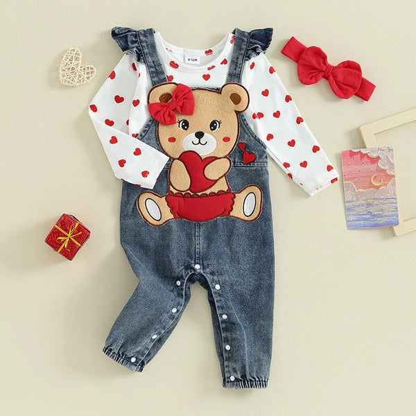 Jardineira Jeans Menina Bebê Urso