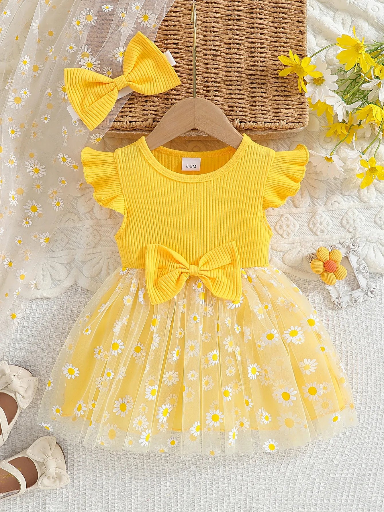 Mangas voadoras bebê meninas vestido de verão bebê menina borboleta nó emenda malha flor impresso princesa moda menina vestido