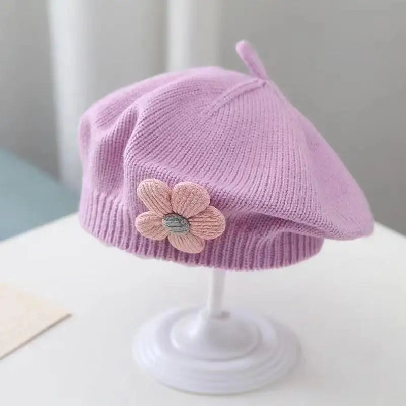 Flor bebê boina chapéu inverno quente malha gorro para meninas infantis coreano criança princesa artista cor sólida pintor bonés