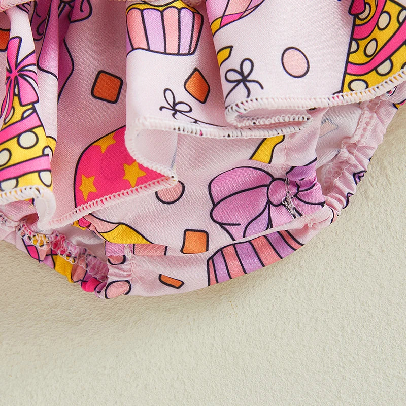 Roupas infantis de aniversário para bebês meninas com estampa de letras babados manga curta macacão e saia em camadas shorts conjunto de faixa de cabeça fofa