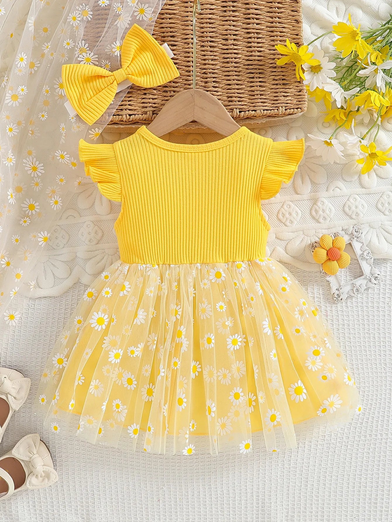 Mangas voadoras bebê meninas vestido de verão bebê menina borboleta nó emenda malha flor impresso princesa moda menina vestido