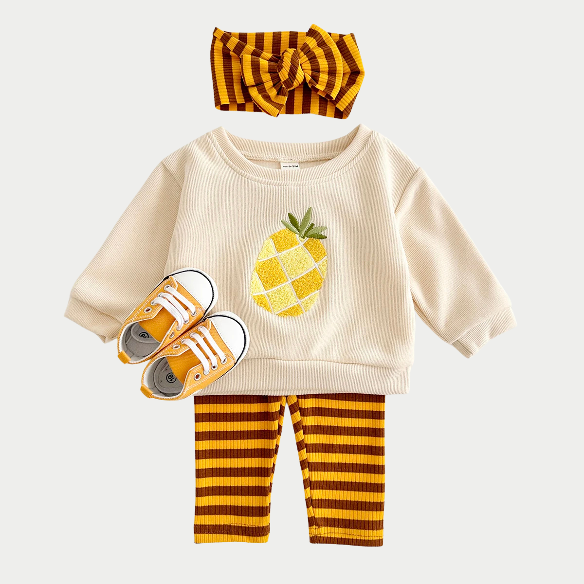 3 pçs roupas infantis menino outono conjunto de roupa do bebê gir terno frutas bordado topos + calças algodão puro listrado macio + faixa de cabelo do bebê