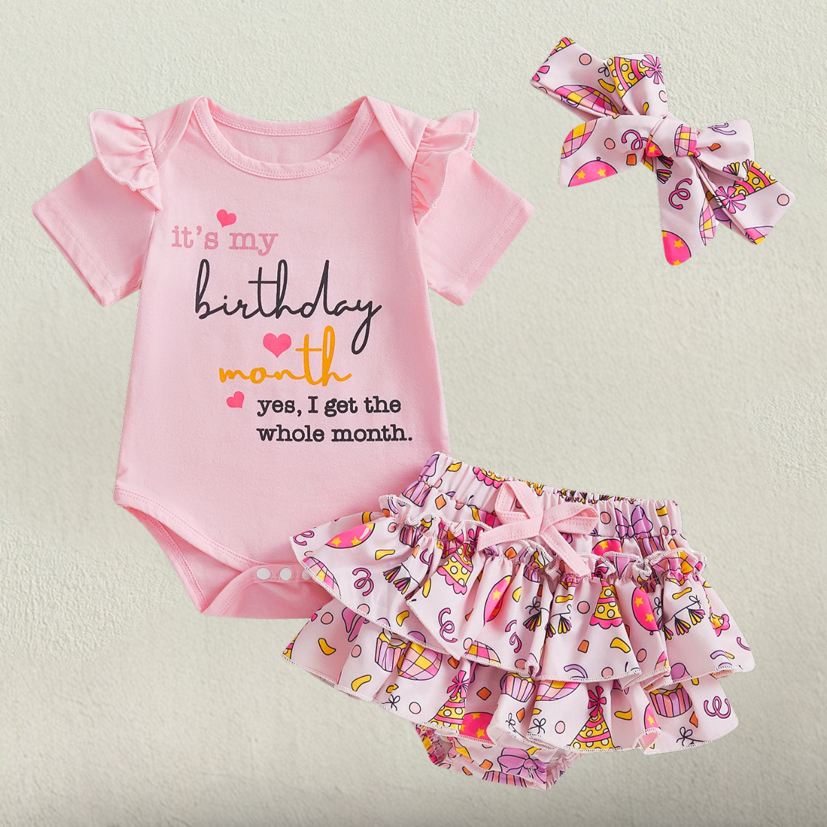Roupas infantis de aniversário para bebês meninas com estampa de letras babados manga curta macacão e saia em camadas shorts conjunto de faixa de cabeça fofa