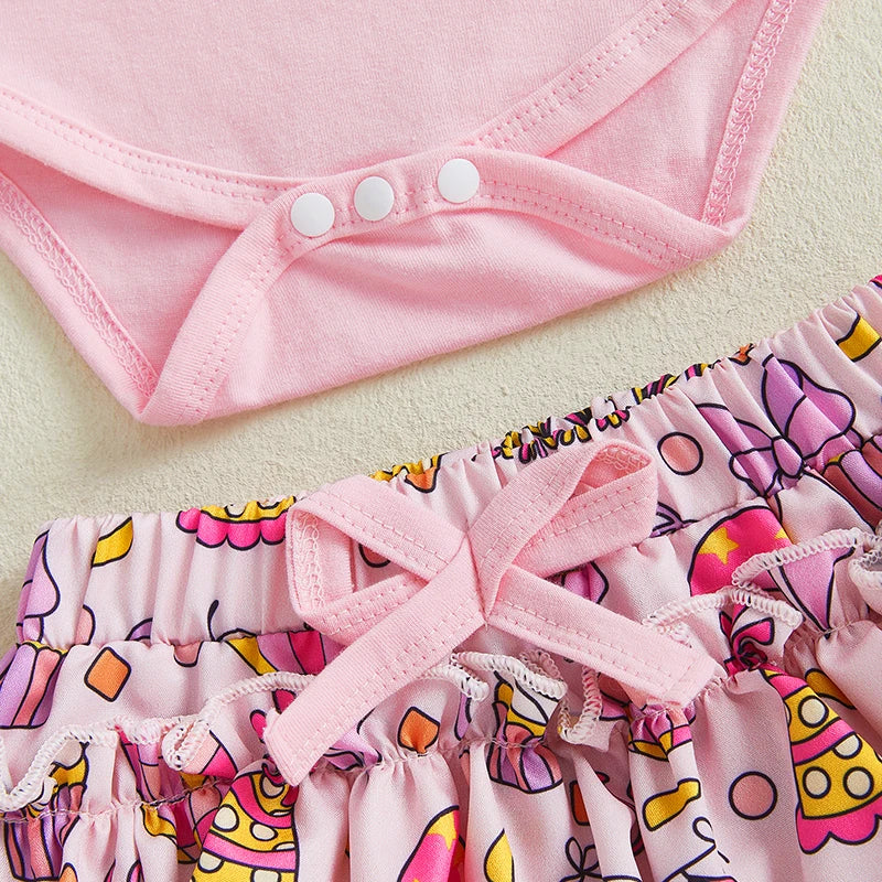 Roupas infantis de aniversário para bebês meninas com estampa de letras babados manga curta macacão e saia em camadas shorts conjunto de faixa de cabeça fofa