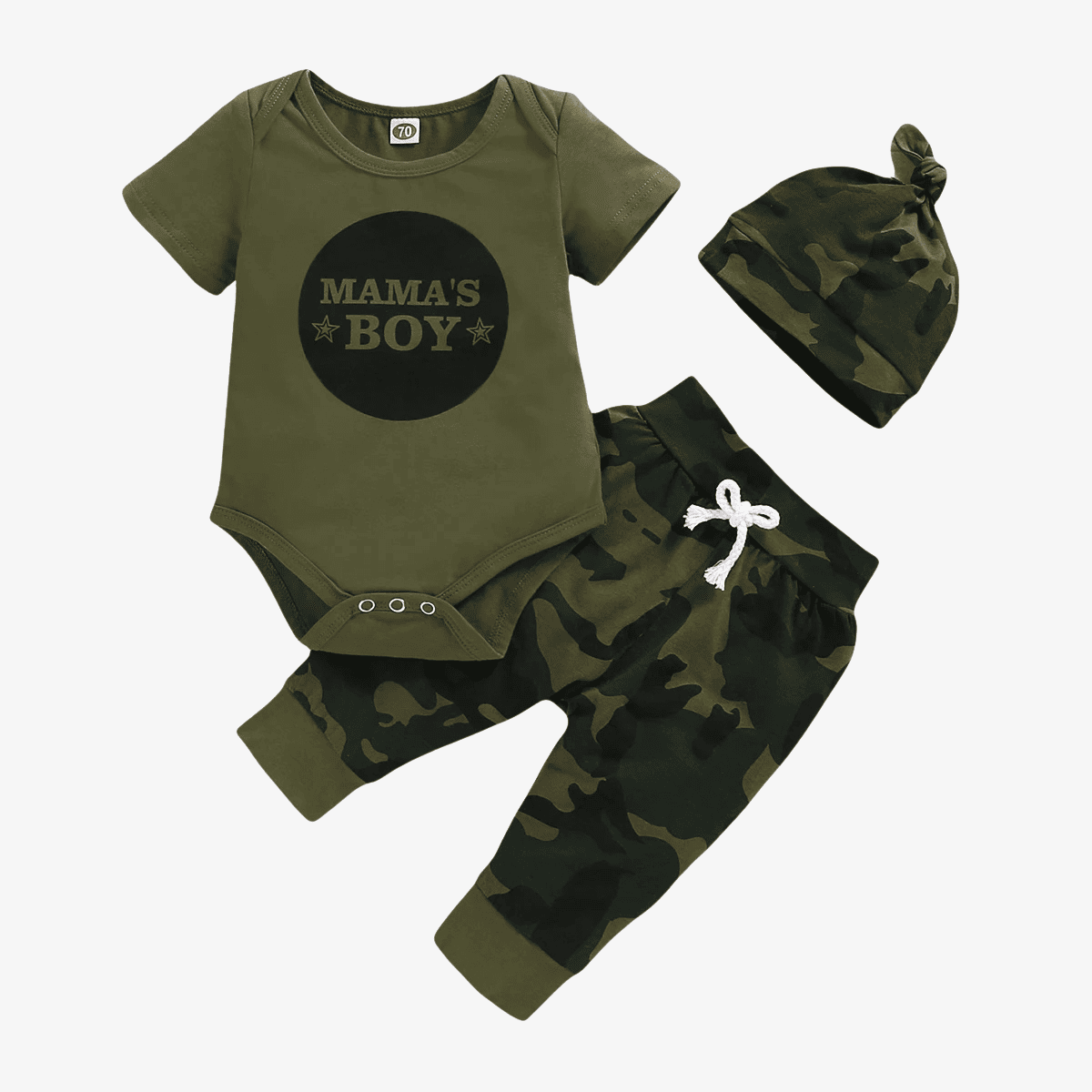 Conjunto de roupas para bebês recém-nascidos de 0 a 18 meses, estampa de letras, body de manga curta + calças camufladas + chapéu, 3 peças, roupas de verão para meninos